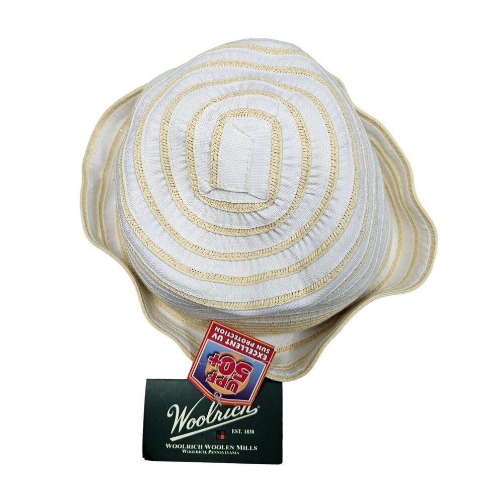 Woolrich Womens Sun Hat White/Beige Braided Stripes Bucket Beachy Coastal UPF 50